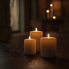 Three Burning Candles on Wooden Table.