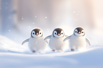 Three cute penguin chicks playing joyfully in a soft, snowy landscape. A heartwarming scene of winter happiness.