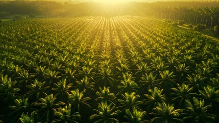 Aerial view of palm oil plantation during sunset.