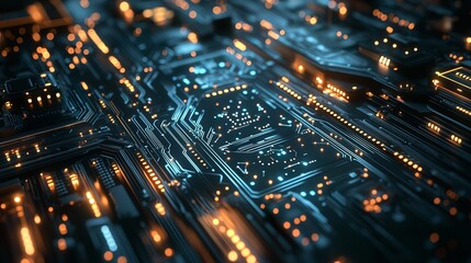 Obraz premium Advanced digital circuit board with orange and blue lights