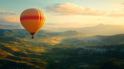 Fototapeta premium 93. A charming vintage hot air balloon rising above a picturesque valley