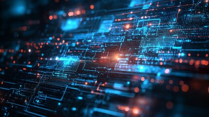 Obraz premium High-tech blue and red digital circuit board with intricate components