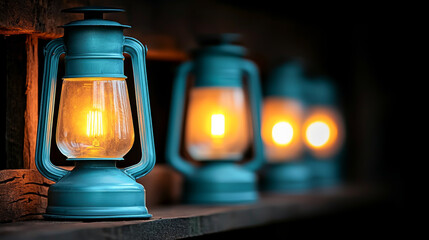 Vintage blue lanterns illuminate a dark space, creating a warm and inviting atmosphere for nostalgic settings.