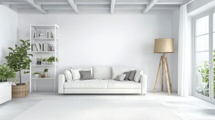 Modern bright interior of white living room in modern and minimalist style