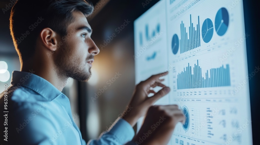 Aufkleber High-resolution close-up of a young businessman giving a presentation with a projector screen displaying graphs and data, emphasizing his engaging delivery