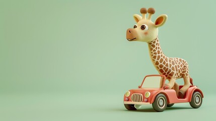 Fototapeta premium A cartoon giraffe is driving a red car on a green background.