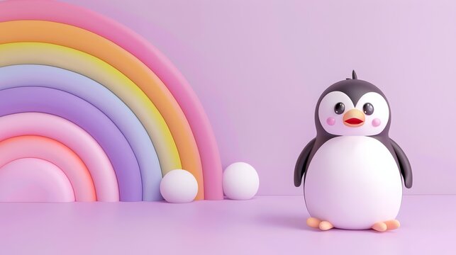 A 3D cartoon penguin standing in front of a rainbow.