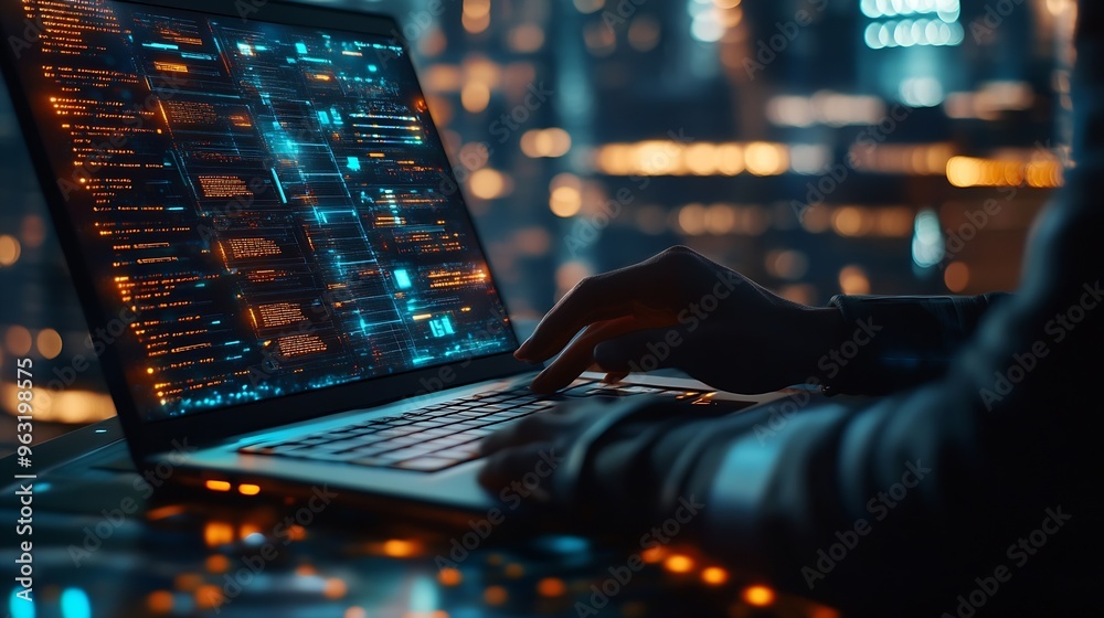 Fototapete Data processing digital technology software development concept Computer programmer software engineer working on laptop with data exchange code Ai Aritificial intelligence : Generative AI