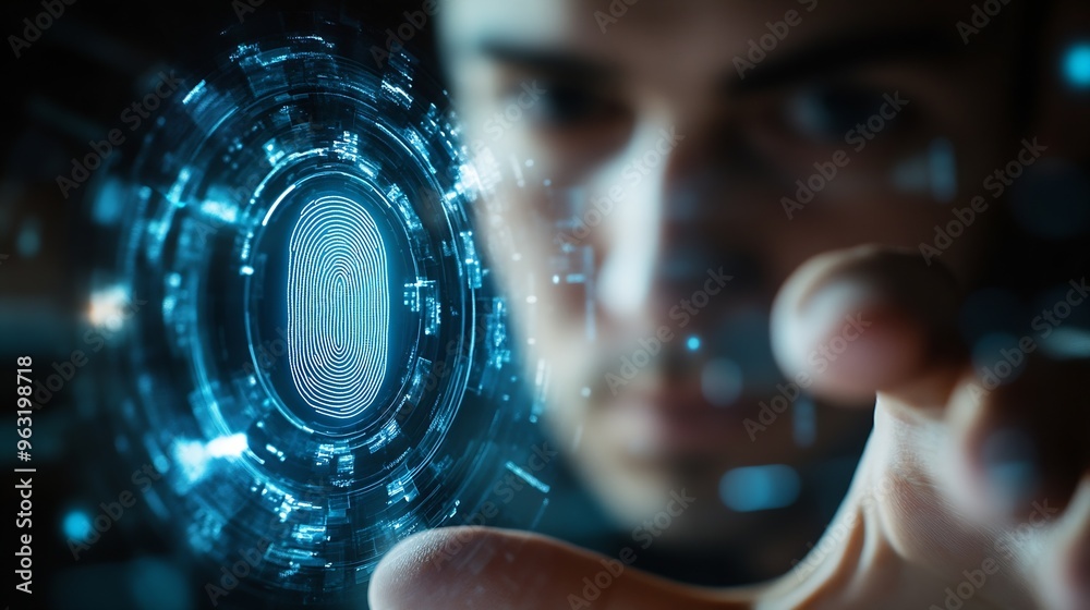 Poster Businessman using fingerprint scanning to unlock and access business information network Biometric identity and cyber security concept protecting business transactions from online digi : Generative AI