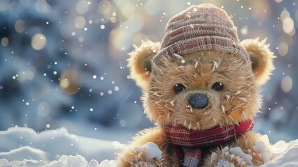 Fototapeta premium A teddy bear wearing a red and white scarf and a hat, sitting in the snow.