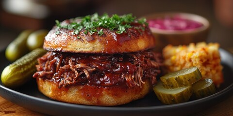 Pulled Pork Sandwich with Pickles and Cornbread on a Black Plate