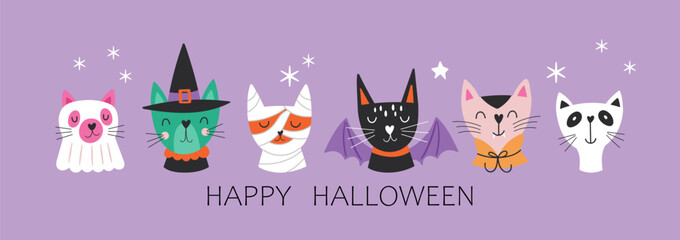 Halloween holiday cute cats in costume set. Childish print for cards, stickers, apparel and decoration. Vector illustration