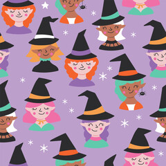 Seamless pattern background for Halloween holiday with cute witches character. Childish print for cards, wrapping paper and textile. Vector illustration