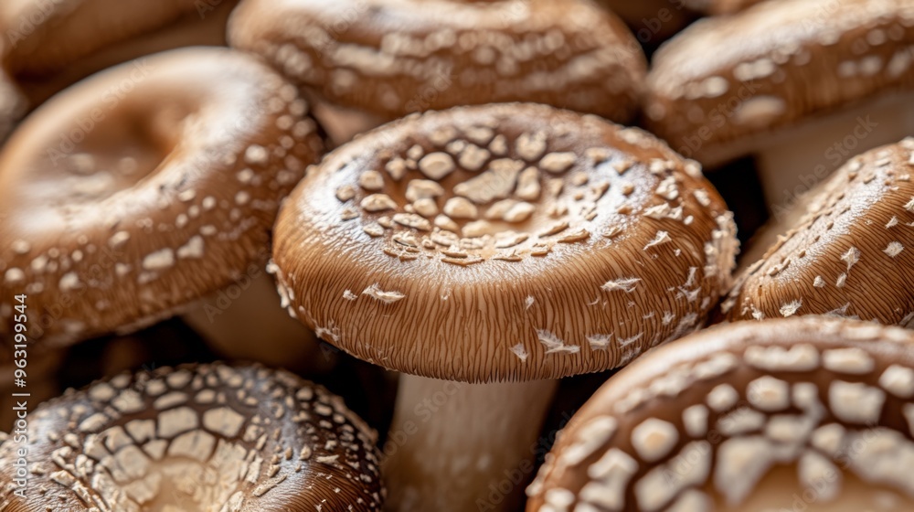 Leinwandbilder high-resolution close-up of shiitake mushrooms with a focus on the fine details of their gills and t