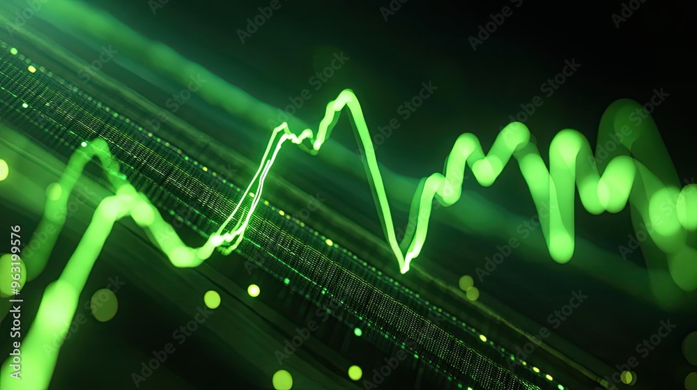 Poster abstract green wave pattern with smooth lines and lights, representing sound, data, or modern techno