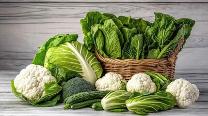 A vibrant collection of fresh vegetables, including white cabbage, green bok choy, and broccoli, arranged on a wooden table with an empty basket nearby for display