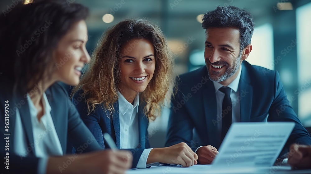 Aufkleber A group of professionals collaborating and working together in a modern office They are discussing project solutions and working on paperwork The team looks happy successful and focuse : Generative AI