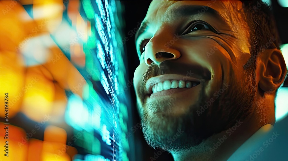 Aufkleber a joyful man enjoying vibrant digital visuals, radiating positivity and engagement in a modern tech 