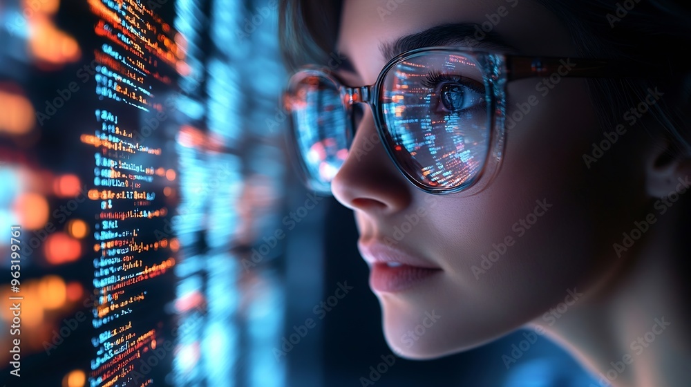 Poster Software data hologram and woman with code analytics information technology and gdpr overlay Programmer coding or IT person in glasses reading html script programming and cyber securit : Generative AI