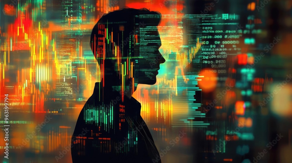 Poster A silhouette of a person against a backdrop of vibrant data streams, symbolizing technology and digital transformation.