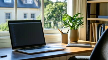 Elegant home office with large window view and natural light, featuring a minimalist desk setup, a plant in the corner, and a serene bookshelf. 
