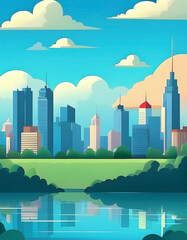 Fototapeta premium A simple City skyline at side river with flat art design illustration for postcard