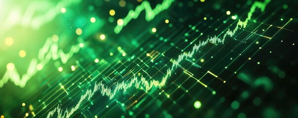 Obraz premium Dynamic financial chart showcasing upward trends, green colors symbolizing growth and prosperity in data analysis.
