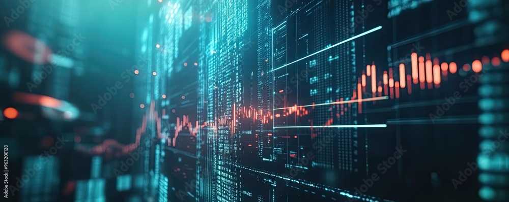 Poster Futuristic digital data visualization with glowing graphs and statistics. Perfect for finance, technology and analytics themes.