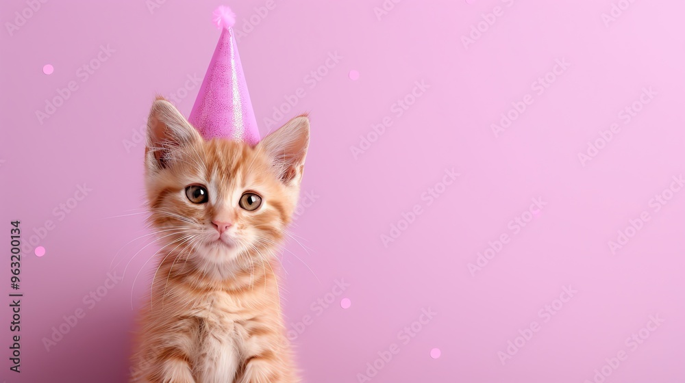 Canvas Prints A cute orange kitten wearing a pink party hat.