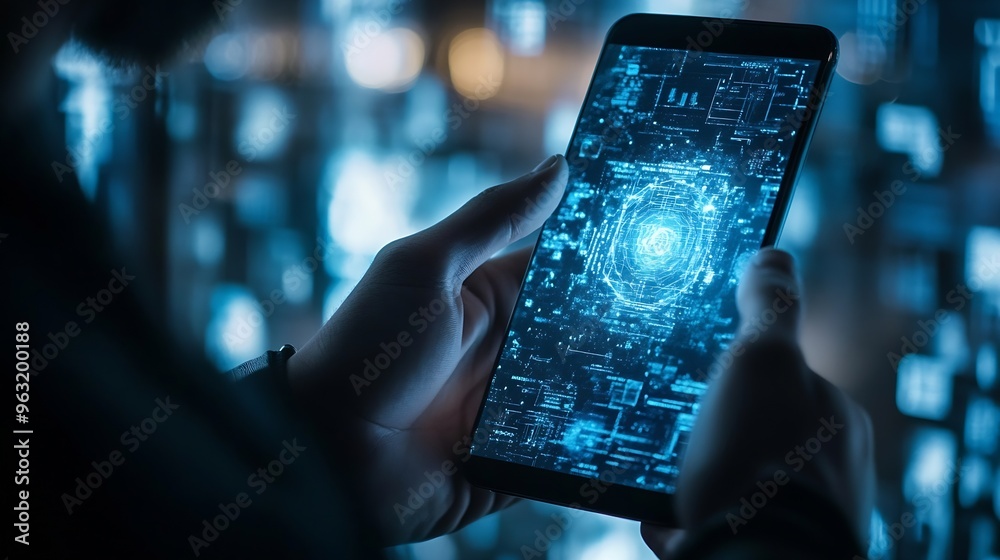 Aufkleber man shows use of artificial intelligence Ai technology to access malicious software with smartphone concept of internet cyber security warning or technology fraud alertChat with AI : Generative AI