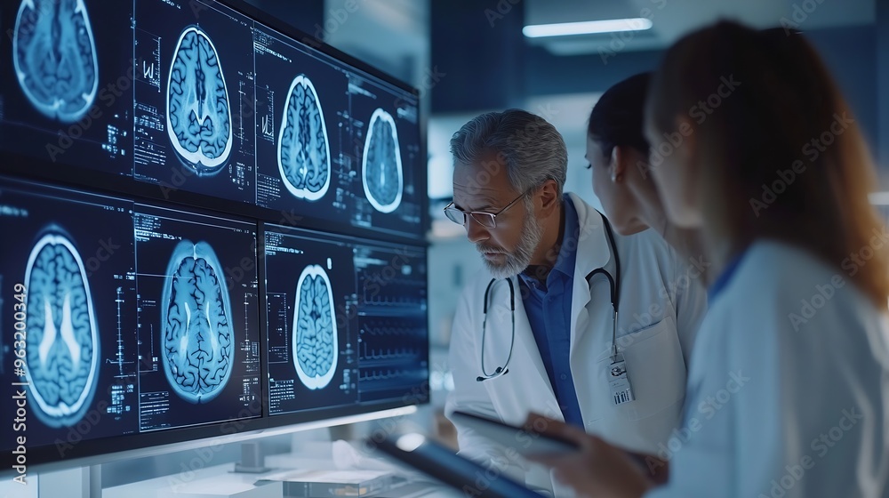 Poster a group of medical professionals reviewing and analyzing detailed brain scans displayed on digital s