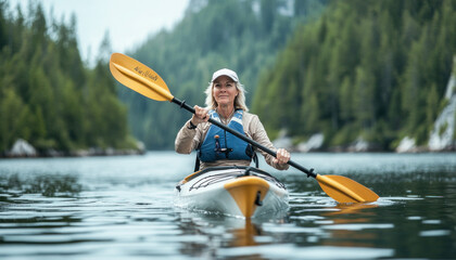 Senior woman kayaking in wilderness lake wearing life jacket