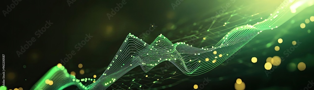 Poster an abstract illustration of glowing green waves with dynamic lines and soft lights, ideal for techno