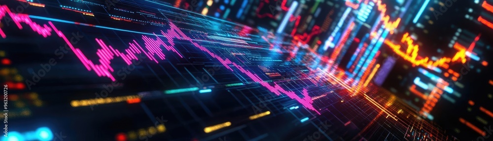 Poster Vibrant digital data visualization with colorful charts and graphs representing dynamic financial trends and analytics.