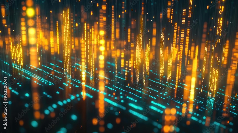 Poster a vibrant abstract representation of data flow, featuring glowing orange and blue lines and dots aga