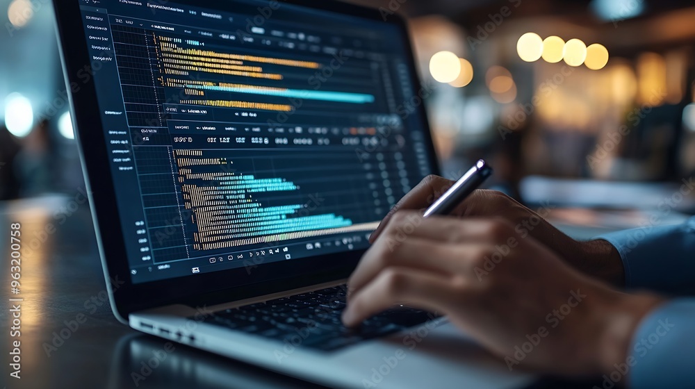 Poster Business Project Management System Project manager working on laptop and updating tasks and milestones progress planning with Gantt chart scheduling interface for company on virtual sc : Generative AI