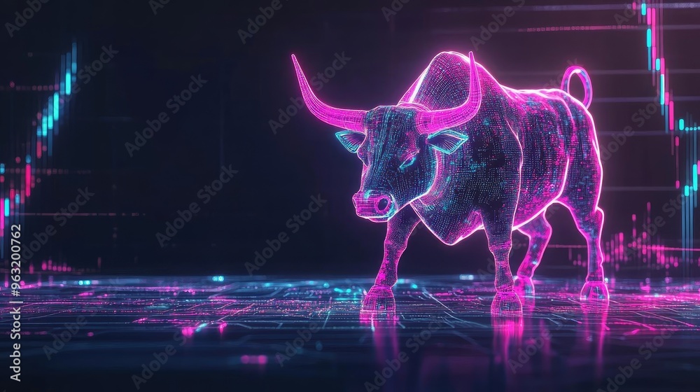 Poster a stylized neon bull representing a bullish market trend with digital graphs in the background. perf