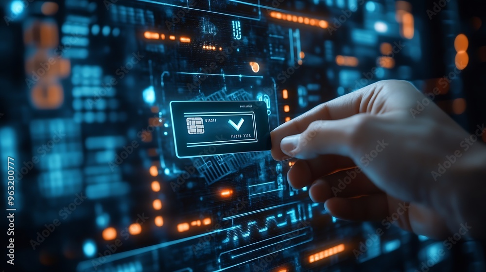Poster Secure Online Payment Transaction Process concept Person confirming a secure online payment using a credit card through a digital interface with verification tick symbol Internet banki : Generative AI