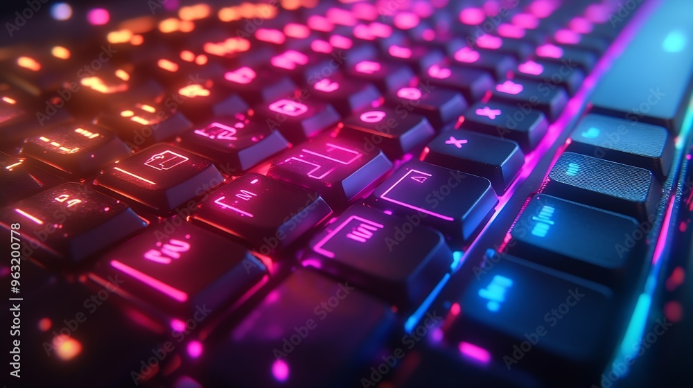 Aufkleber Working on a neon computer keyboard with colored backlighting Selected focus Computer video games hacking technology internet concept Selected focus : Generative AI