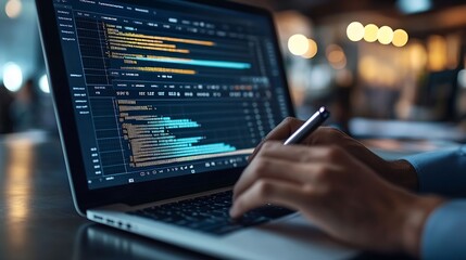 Business Project Management System Project manager working on laptop and updating tasks and milestones progress planning with Gantt chart scheduling interface for company on virtual sc : Generative AI