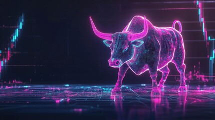 A stylized neon bull representing a bullish market trend with digital graphs in the background. Perfect for finance and trading themed projects.