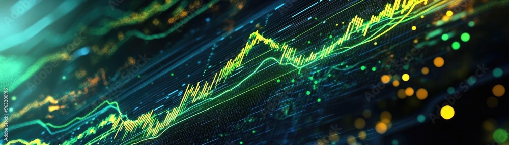 Poster Abstract digital visualization of financial data with glowing lines and vibrant colors, representing growth and analytics.
