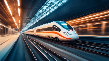 High-resolution view of a high-speed train on a dedicated track, highlighting the specialized rail system and the train's impressive speed capabilities.