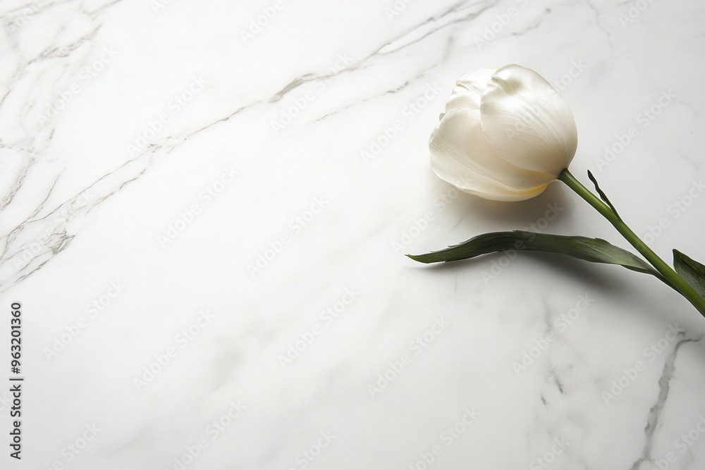 Poster A delicate white tulip lies softly on a smooth, white marble surface, embodying simplicity and natural beauty in a tranquil setting. Generative AI