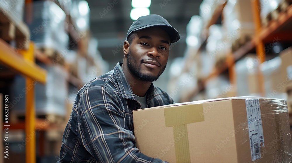 Poster african american person working to shipping box package by order in logistic warehouse black male wo