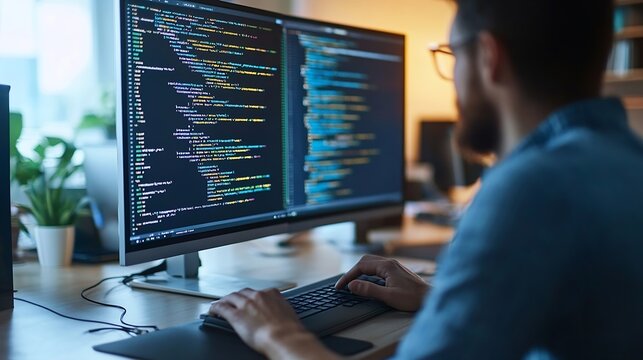 Web developers using a computer together in a creative office Two business people working on a new software developing project in an office : Generative AI