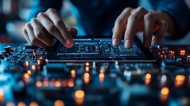 Digital technology software development concept Coding programmer software engineer using digital tablet with circuit board and javascript on virtual screen internet of things IoT : Generative AI