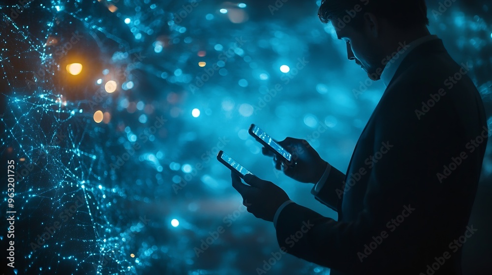 Poster Digital technology concept Businessman using smartphone connect internet network secure information access online internet of things IOT Cloud computing : Generative AI