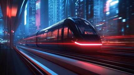 Fototapeta premium High-resolution view of an electric train speeding through an urban environment, showcasing the blend of modern technology and cityscape.
