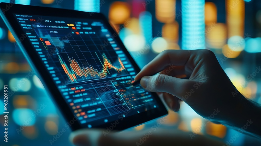 Aufkleber Business finance and investment concept Businessman using digital tablet analyzing and calculating financial data with economic graph growth chart Business strategy and planning market : Generative AI